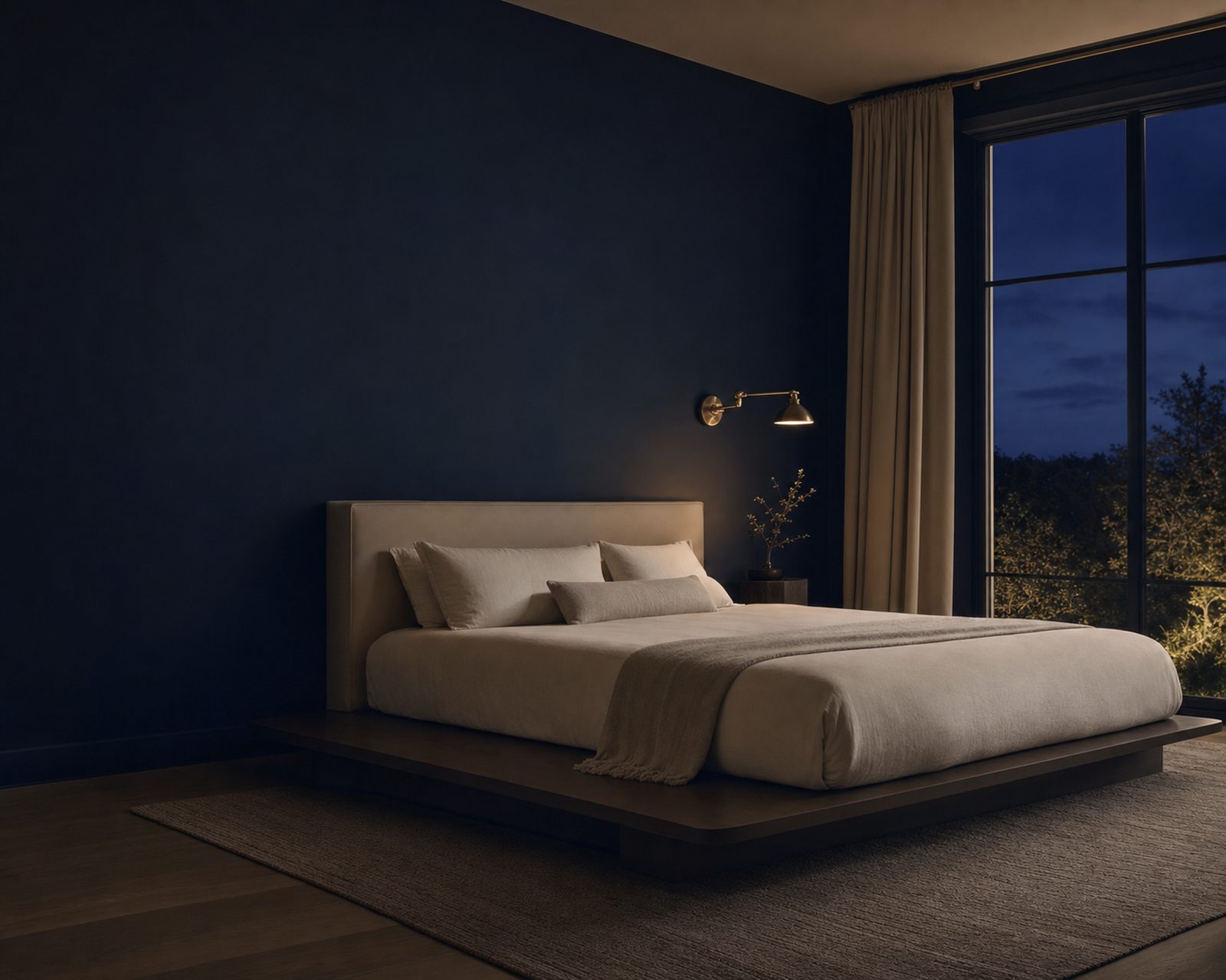 A minimalist bedroom at night with a low platform bed dressed in ivory linen against a deep navy wall.