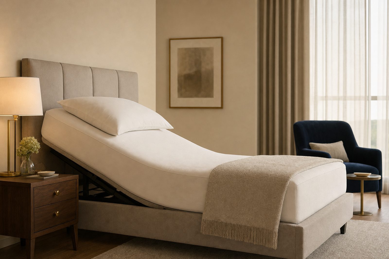 Hotel guest room with an adjustable base slightly inclined under ivory bedding, walnut nightstand and navy accent chair.