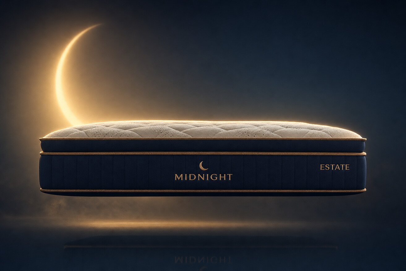 A mattress floating in darkness beneath a glowing crescent moon, its navy border trimmed with gold piping.