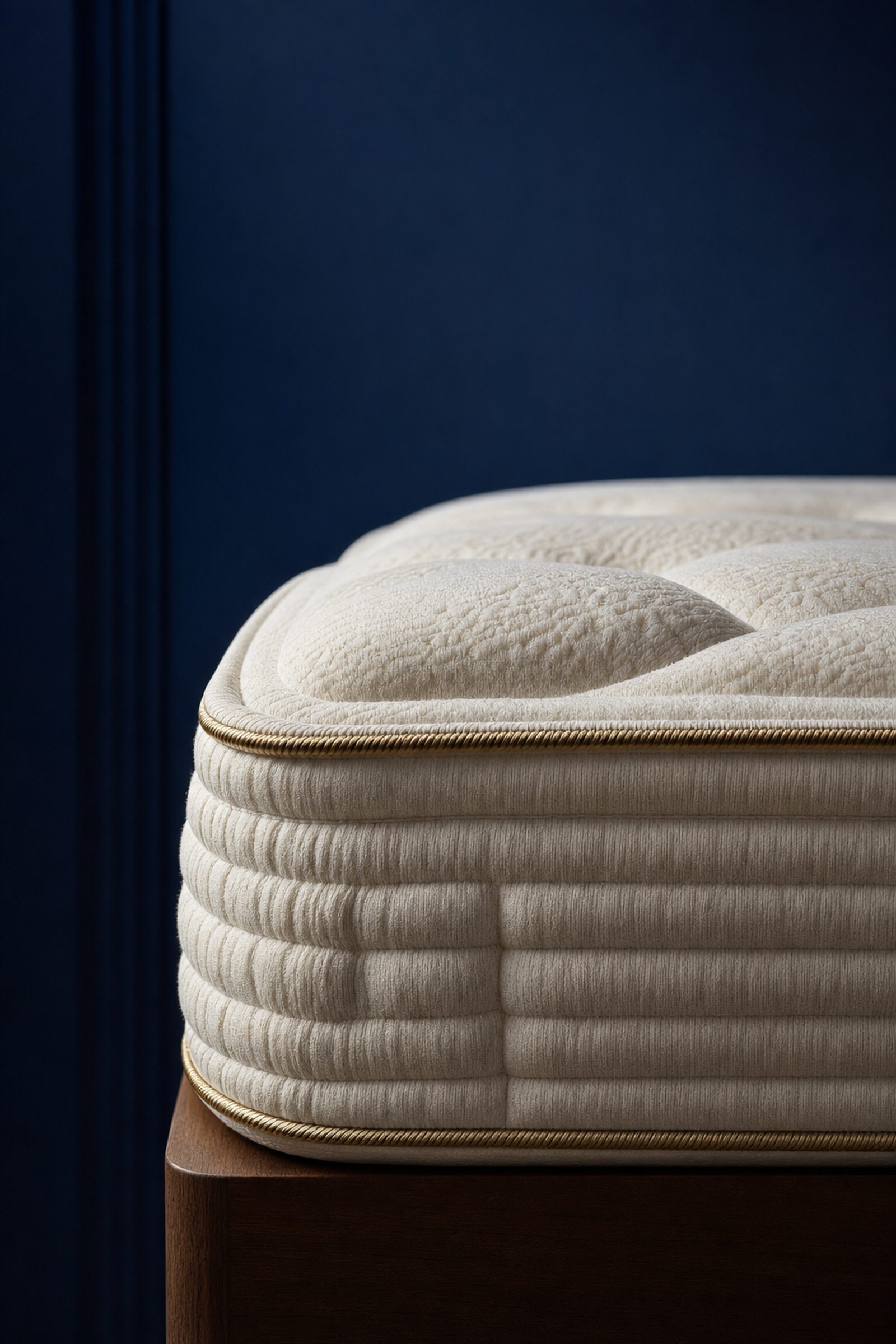 Close-up of a quilted ivory mattress corner with gold piping against a deep navy wall.